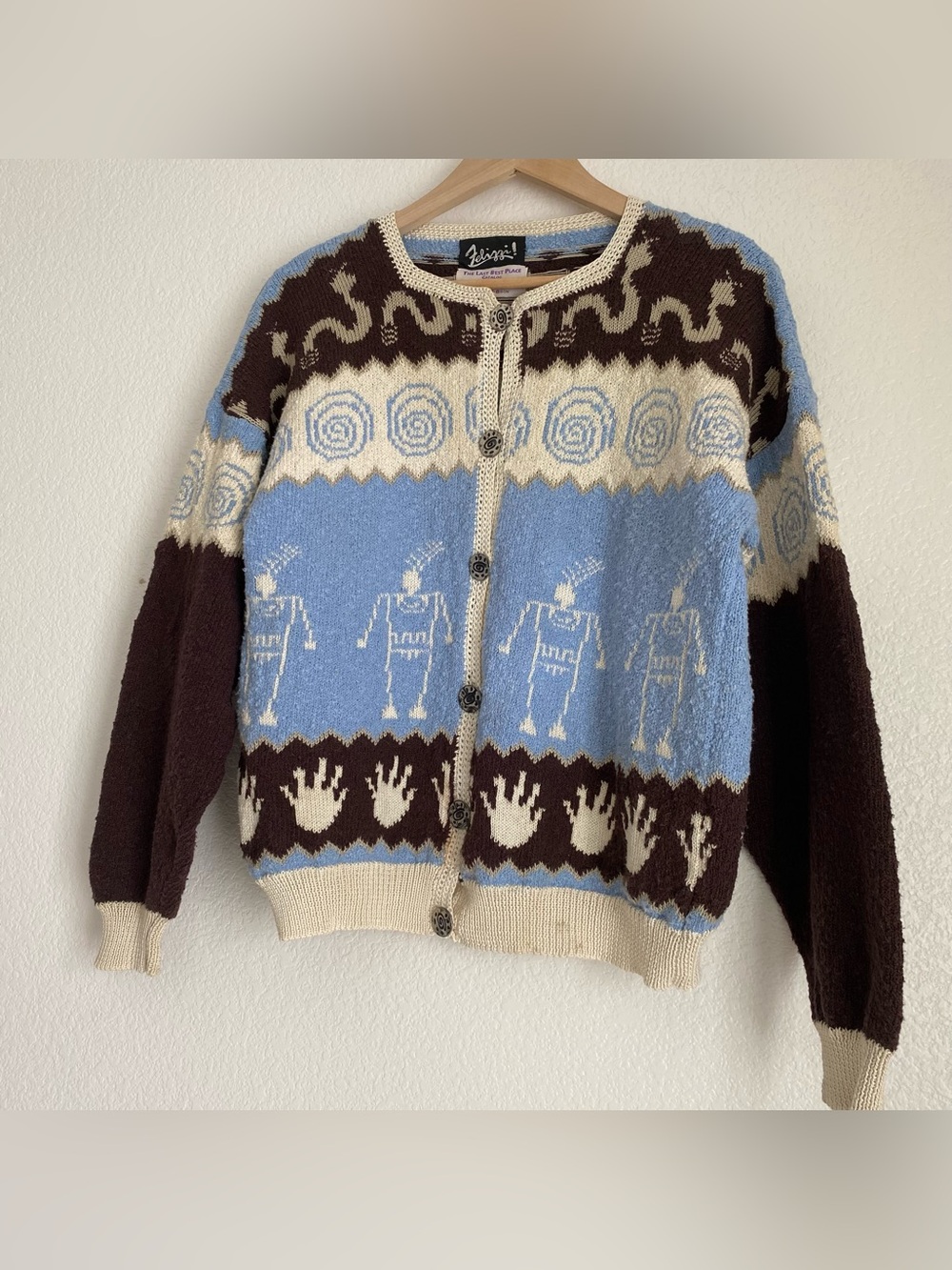 Vintage Felizzi hieroglyphic parietal art hand loomed knitted cardigan sweater - Picture 11 of 16